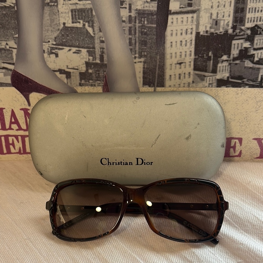 Dior Brown and Black Etched Engraved Sunglasses with Silver Dior Hardware!  EUC!